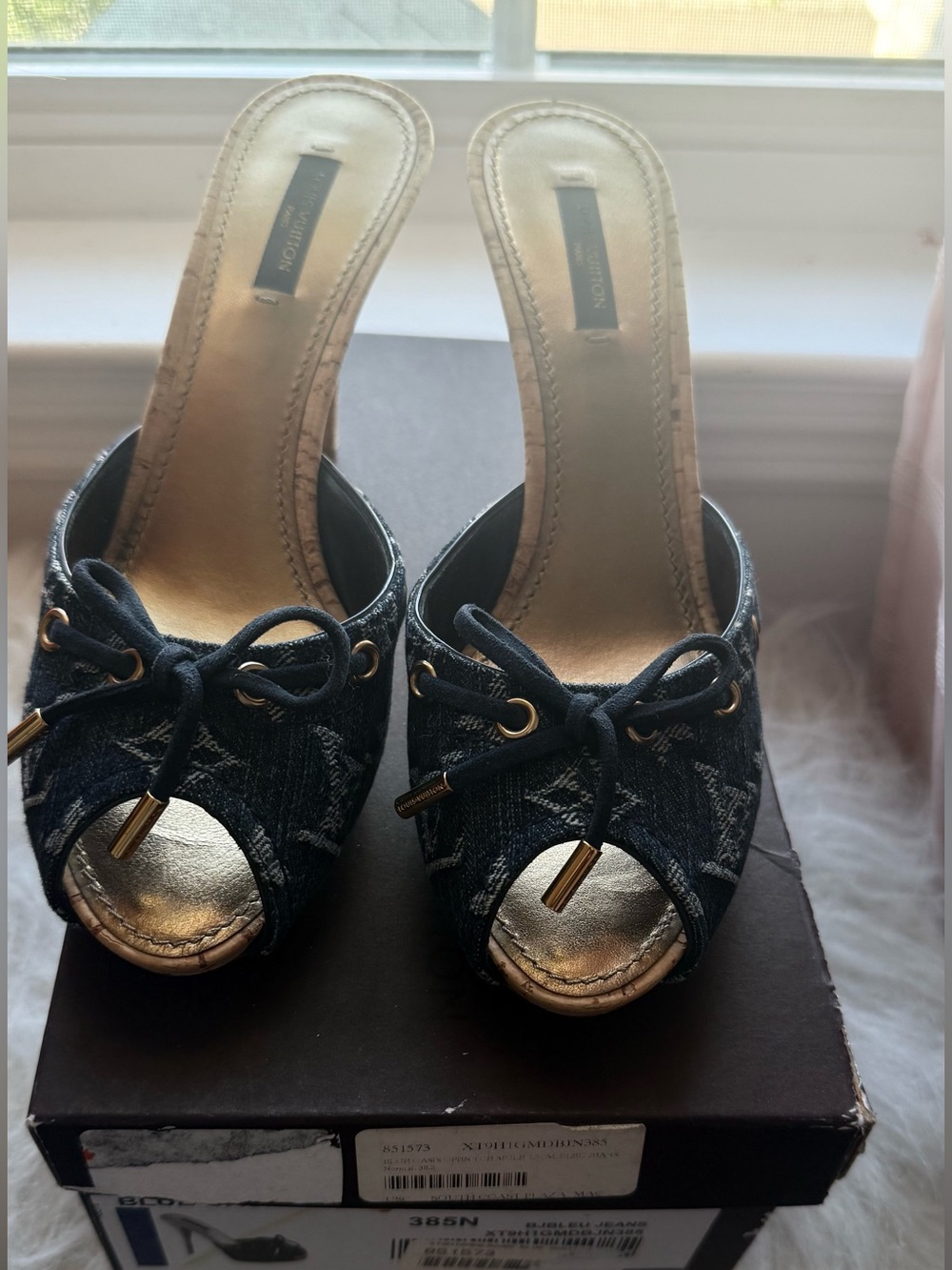 Louis Vuitton Blue Denim Peep-Toe Mules vintage